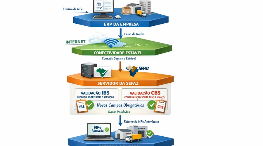 Fluxo detalhado da emissão de nota fiscal eletrônica com destaque para os novos campos IBS e CBS e a dependência da conexão entre ERP e SEFAZ.