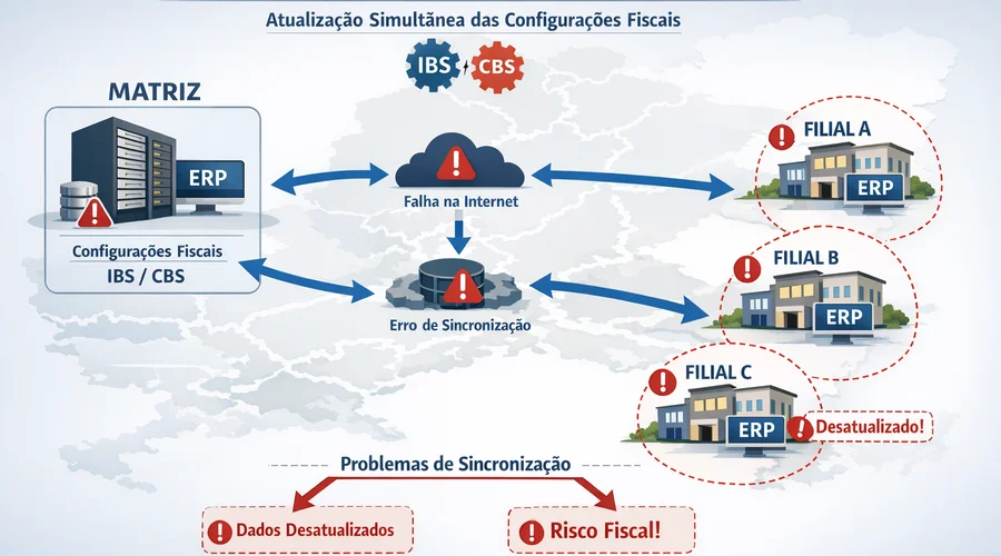 Diagrama de sincronização de ERP entre matriz e filiais destacando a atualização simultânea dos campos fiscais IBS e CBS.