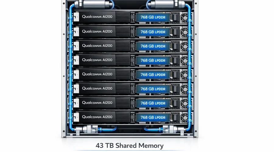 Rack de data center com placas Qualcomm AI200 destacando a configuração de memória compartilhada e resfriamento líquido.