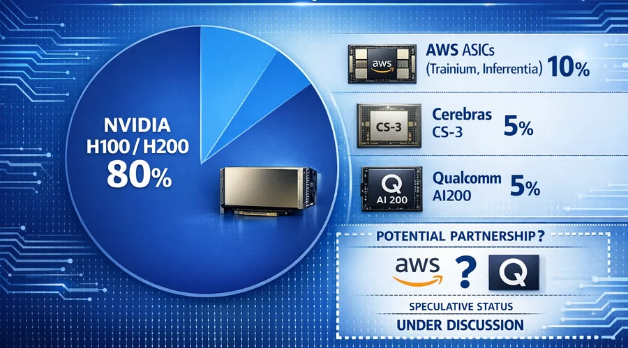 Infográfico comparando participação de mercado entre NVIDIA, AWS ASICs, Cerebras e a entrada da Qualcomm AI200.