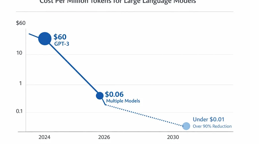 Gráfico de linha mostrando a queda de custo por milhão de tokens na inferência de IA de 2024 a 2030.