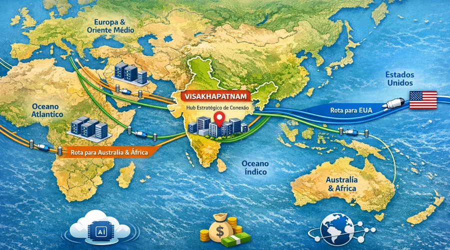 Mapa da Índia com destaque para Visakhapatnam e rotas de cabos submarinos conectando diferentes continentes, indicando o local do novo data center do Google.