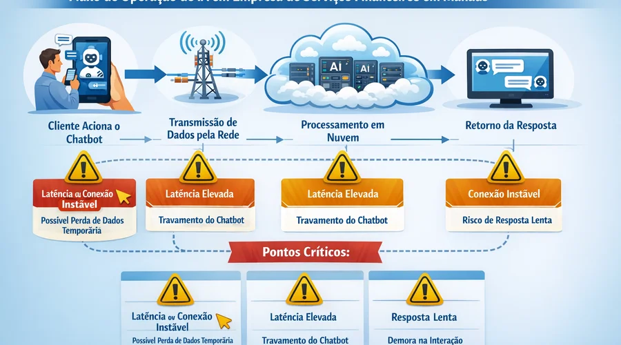 Diagrama de fluxo ilustrando o ciclo de atendimento com IA em Manaus, evidenciando gargalos de rede que impactam o serviço ao cliente.
