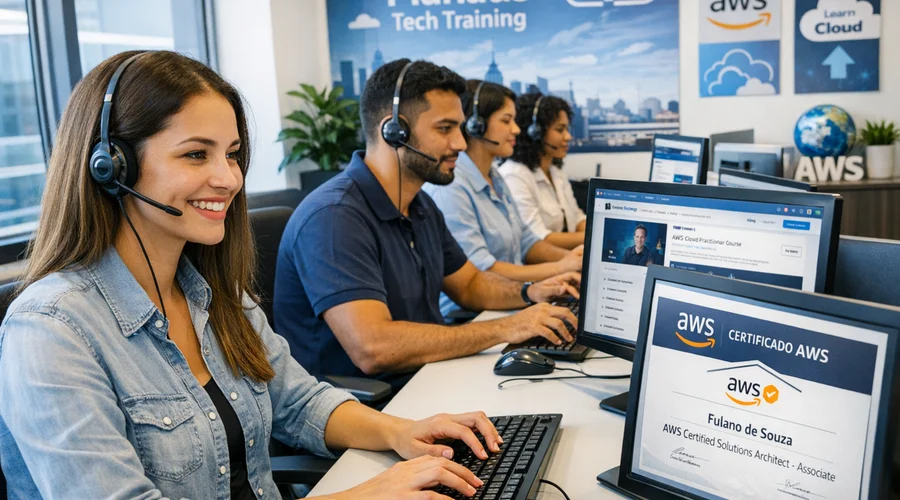 Equipe de atendimento em Manaus participando de cursos online de IA e AWS, certificados digitais visíveis nas telas.