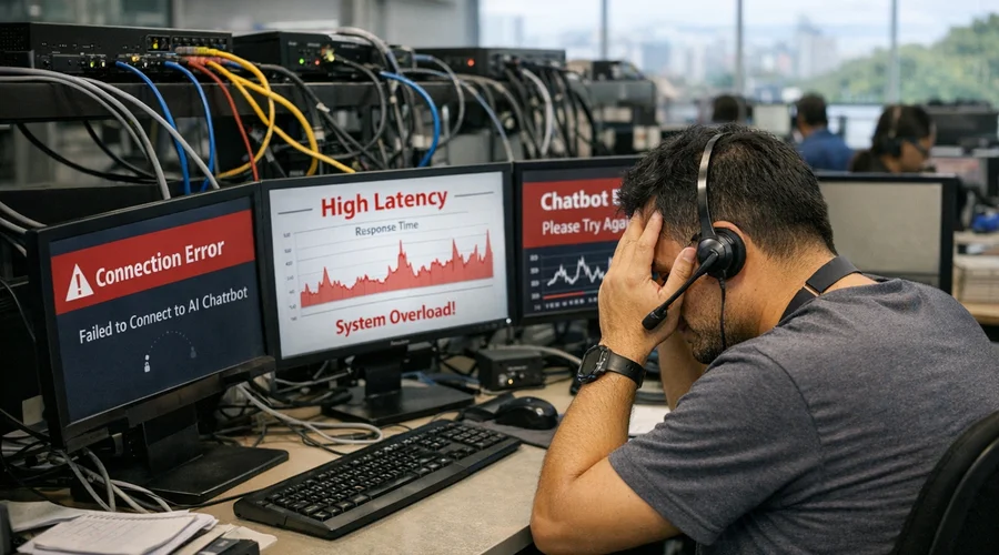 Operador em call center lida com instabilidades de chatbot de IA devido à infraestrutura de rede limitada.