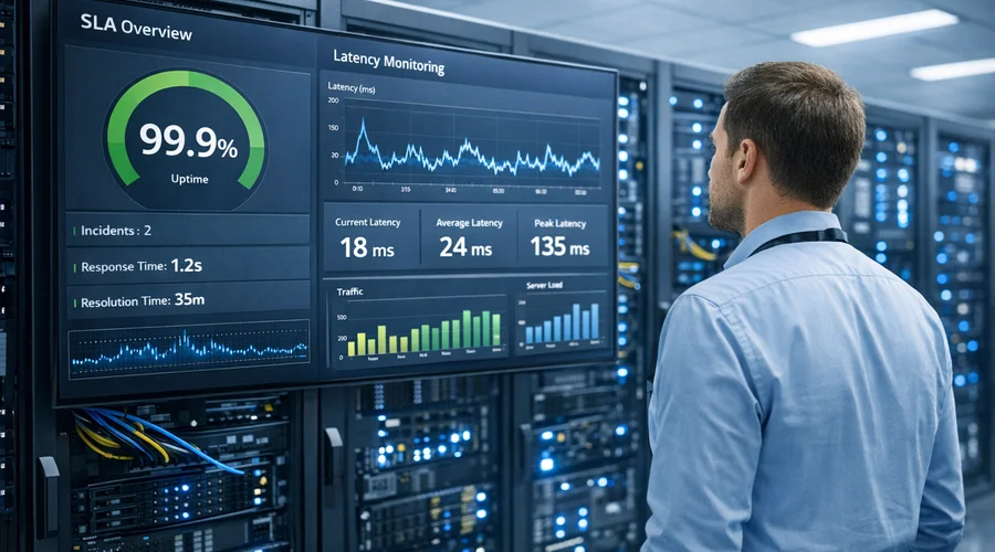 Engenheiro monitora infraestrutura de data center com painéis de SLA e latência, destacando a importância da base técnica robusta.