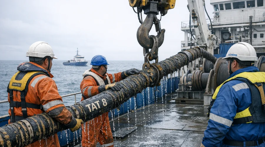 Engenheiros em navio especializado recuperando o cabo TAT-8 da costa francesa