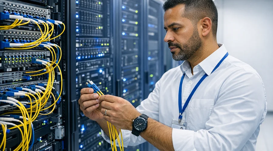 Engenheiro de redes trabalhando em data center brasileiro de alta capacidade