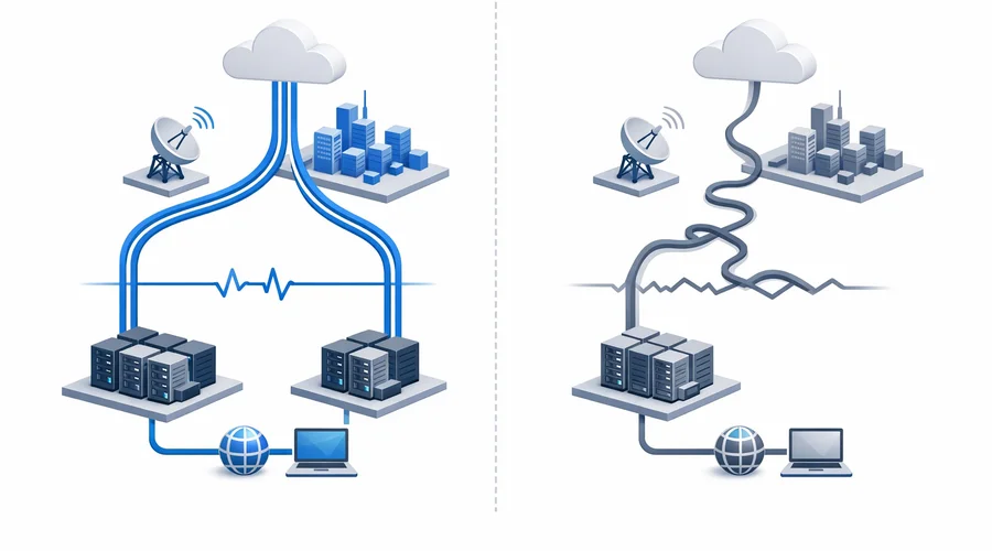 Diagrama mostrando rotas de internet redundantes versus rotas comuns para empresas
