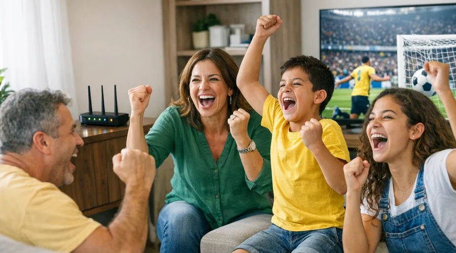 Família brasileira assiste gol ao vivo na TV em casa, enquanto o Wi-Fi transmite a imagem em tempo real.
