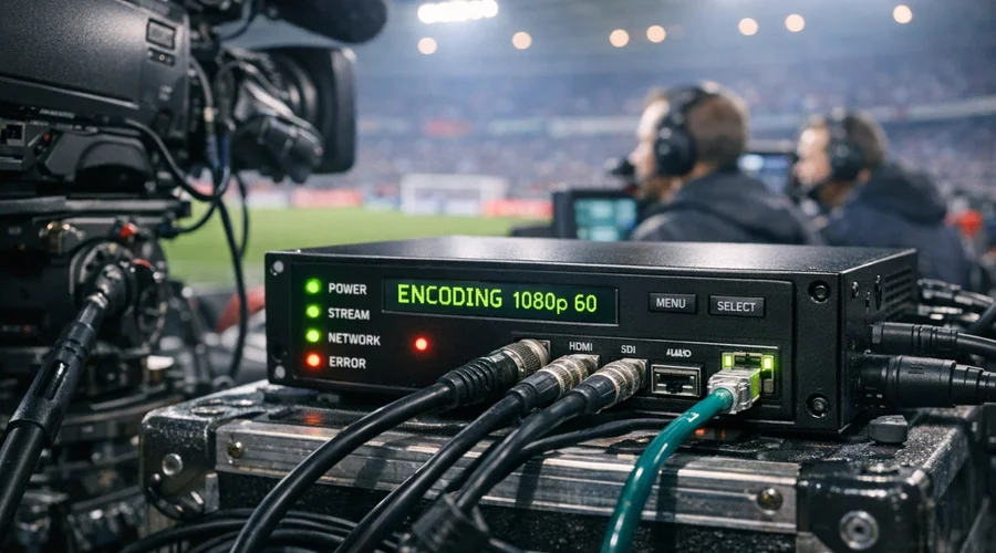 Equipamentos de transmissão, como encoders e câmeras, trabalhando em tempo real no estádio durante um jogo.