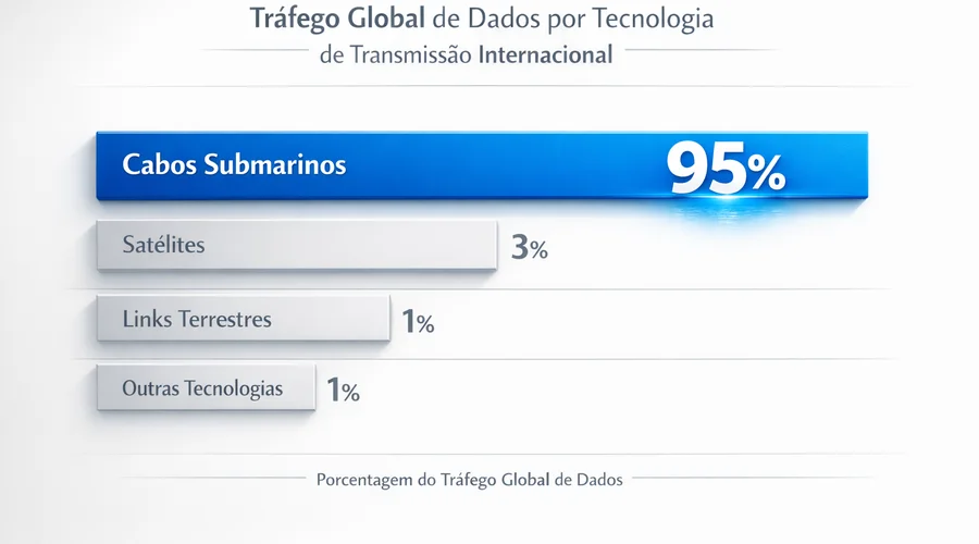 Gráfico comparando participação dos cabos submarinos no tráfego global de internet com outras tecnologias.