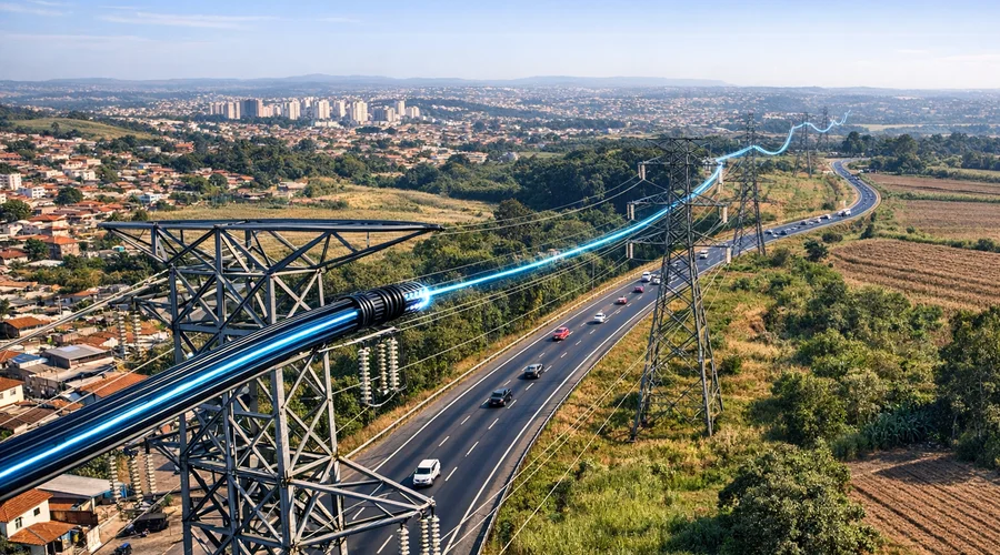 Cabos de fibra óptica instalados ao longo de rodovias e linhas de transmissão de energia levando internet até a cidade.