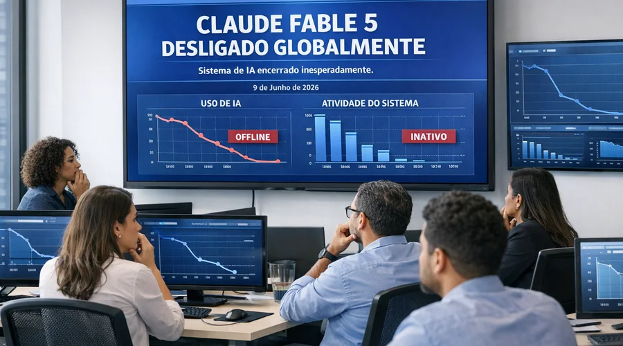 Profissionais de TI brasileiros observando em telas a notícia do desligamento global do Claude Fable 5 em ambiente corporativo moderno.