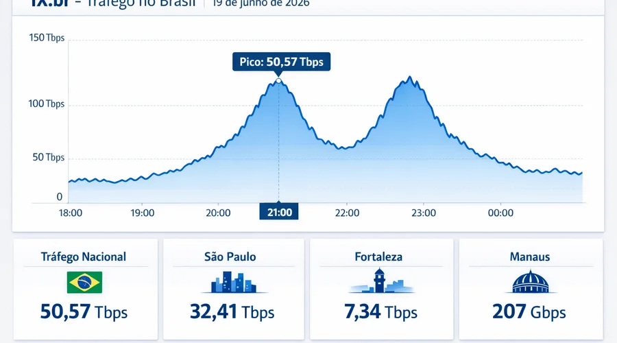Gráfico realista mostra picos do tráfego de internet no Brasil durante a noite de 19 de junho de 2026, com destaques para IX.br nacional, São Paulo, Fortaleza e Manaus.