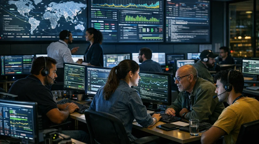 Centro de operações de rede brasileiro com engenheiros monitorando tráfego intenso em múltiplas telas durante a noite.