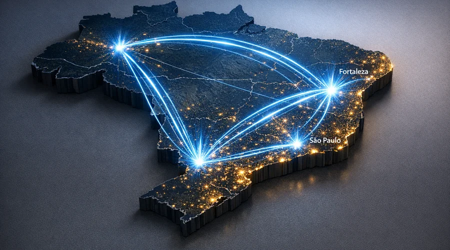 Mapa estilizado do Brasil à noite com conexões luminosas representando o tráfego entre os principais IX.br.