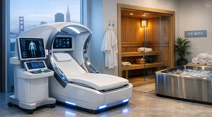 Futuristic scanner de ultrassom em spa de bem-estar de San Francisco, ao lado de sauna e banho frio, ambiente relaxante com tecnologia avançada.