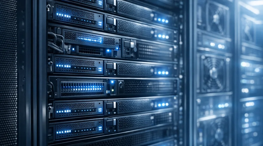 Servidores de data center realista armazenando grandes volumes de dados anatômicos, luzes azuis, ambiente seguro e moderno.