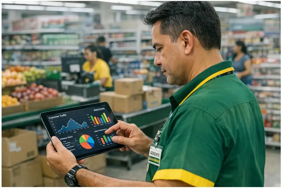 Gerente de supermercado em Manaus analisando dados em tablet enquanto supervisiona o salão de vendas.