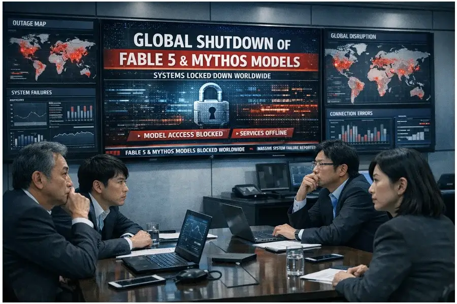Executivos de tecnologia japoneses acompanham notícias sobre o bloqueio global dos modelos Fable 5 e Mythos em uma sala de monitoramento moderna.