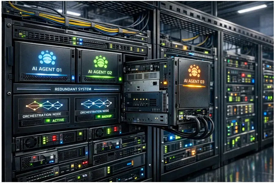 Servidores modulares em um data center destacando arquitetura resiliente, onde módulos podem ser trocados sem interrupção.
