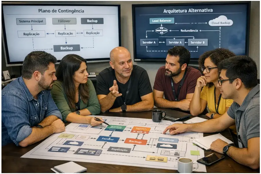 Equipe de TI brasileira analisa diagramas de arquitetura para planejar sistemas resilientes sem pontos únicos de falha.