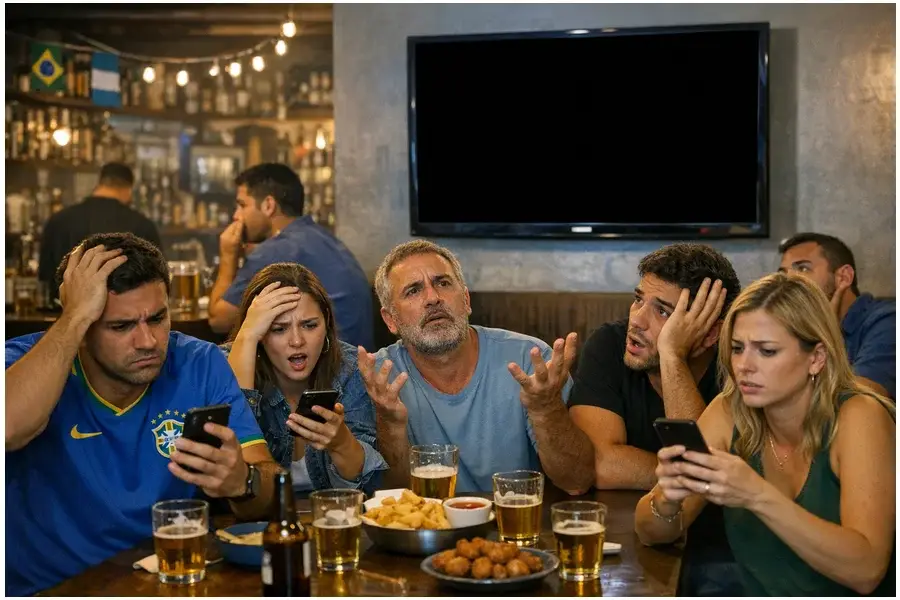 Pessoas em um bar no Brasil olhando para celulares e TV com tela preta durante transmissão de jogo da Copa do Mundo.