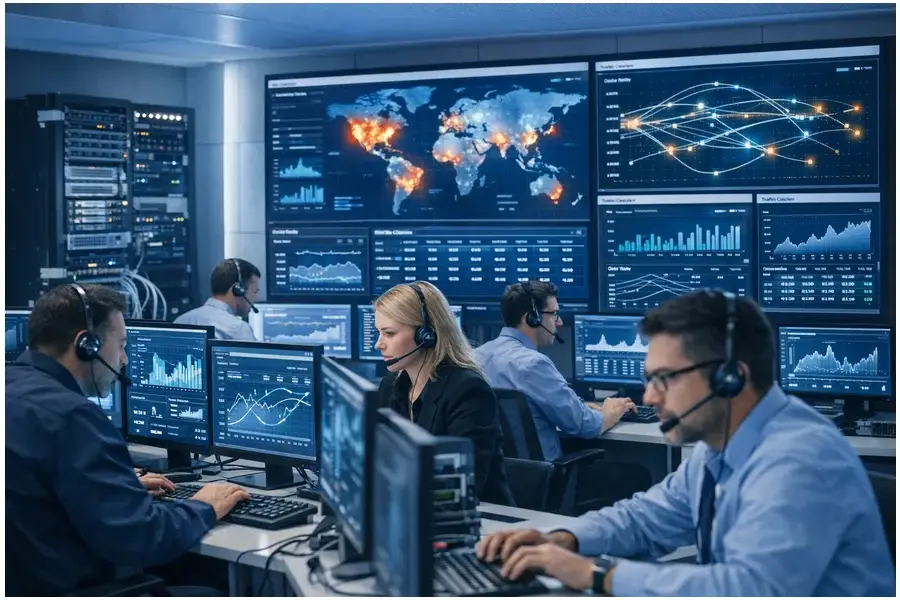 Engenheiros monitorando sistemas de transmissão digital em sala de operações técnica durante pico de audiência.