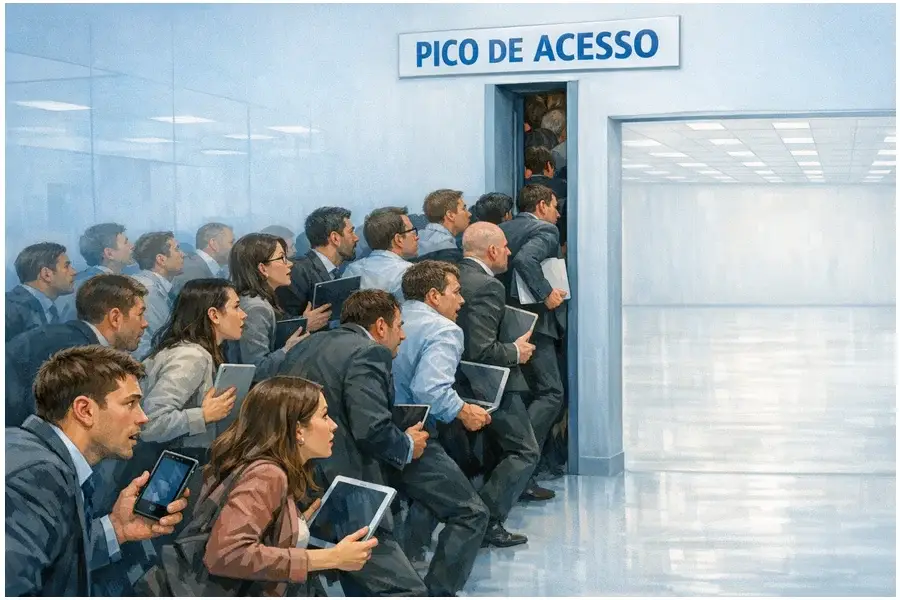Muitas pessoas com dispositivos tentando passar por porta estreita, ilustrando gargalo de acesso em momentos de pico.