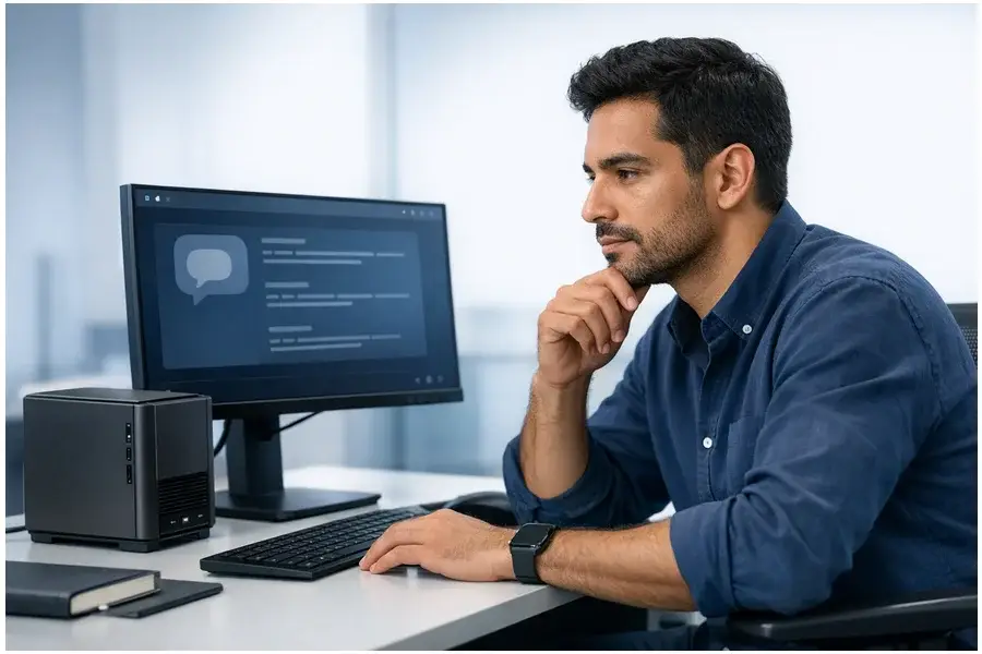 Engenheiro de TI brasileiro operando um desktop compacto rodando IA avançada localmente em ambiente corporativo realista.