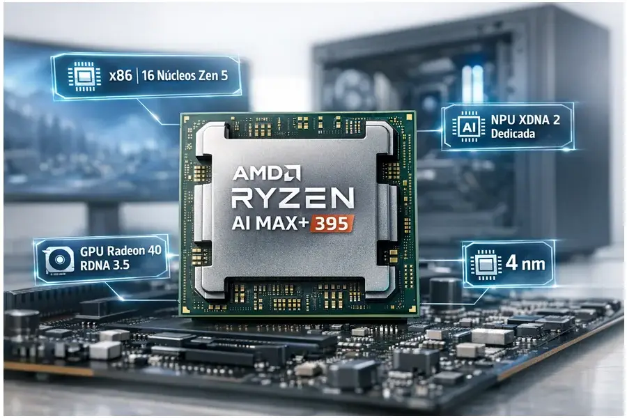 Processador AMD Ryzen AI Max+ 395 com especificações técnicas em destaque e desktop moderno ao fundo.
