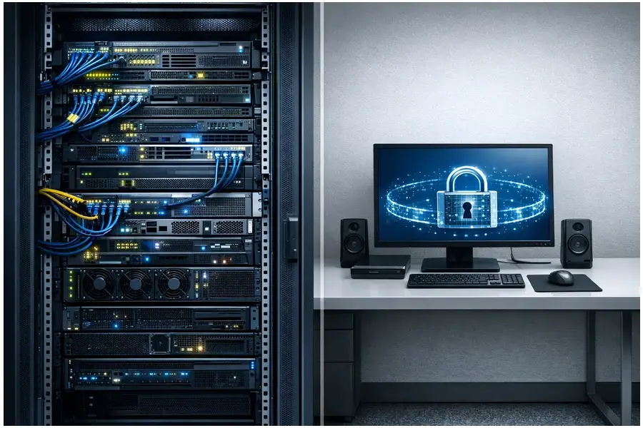 Comparação realista entre servidores de nuvem e desktop corporativo protegido com cadeado digital.