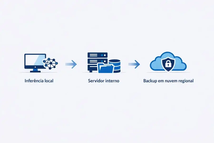 Diagrama realista de fluxo híbrido de dados entre desktop local, servidor interno e backup externo seguro.