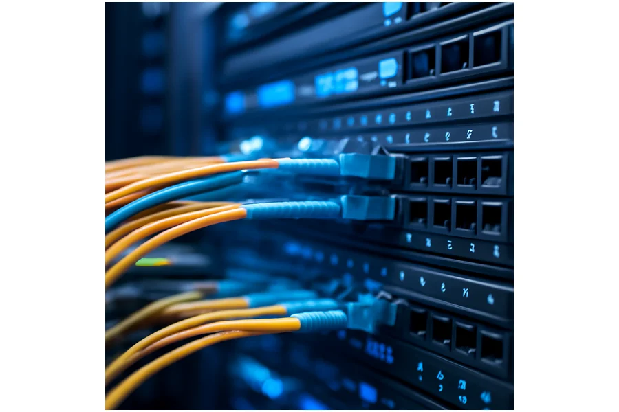 Cabos de fibra óptica conectados a servidores em um data center