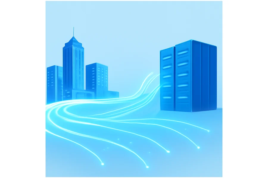 Rede de fibra conectando prédios de uma cidade a um data center