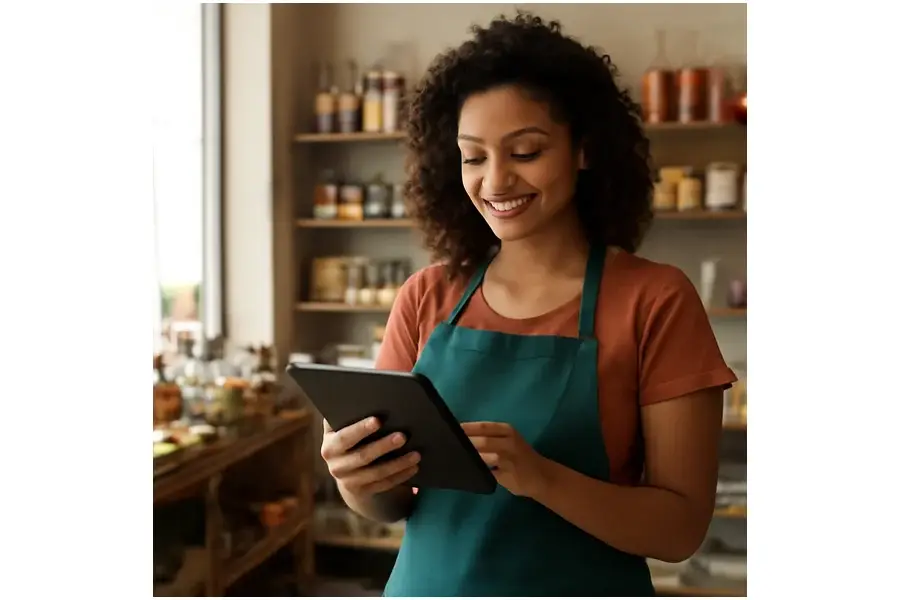 Comerciante usando um tablet conectado à nuvem em uma loja