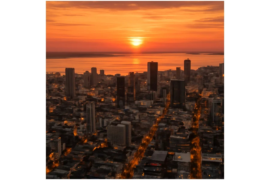 Vista aérea de um polo urbano de negócios ao entardecer
