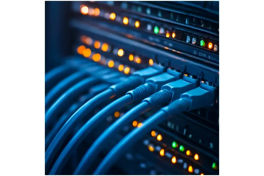 Cabos de fibra óptica conectados a servidores de rede