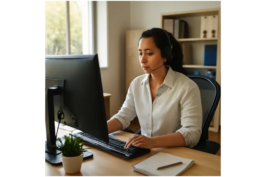 Funcionária atendendo em um computador conectado à nuvem