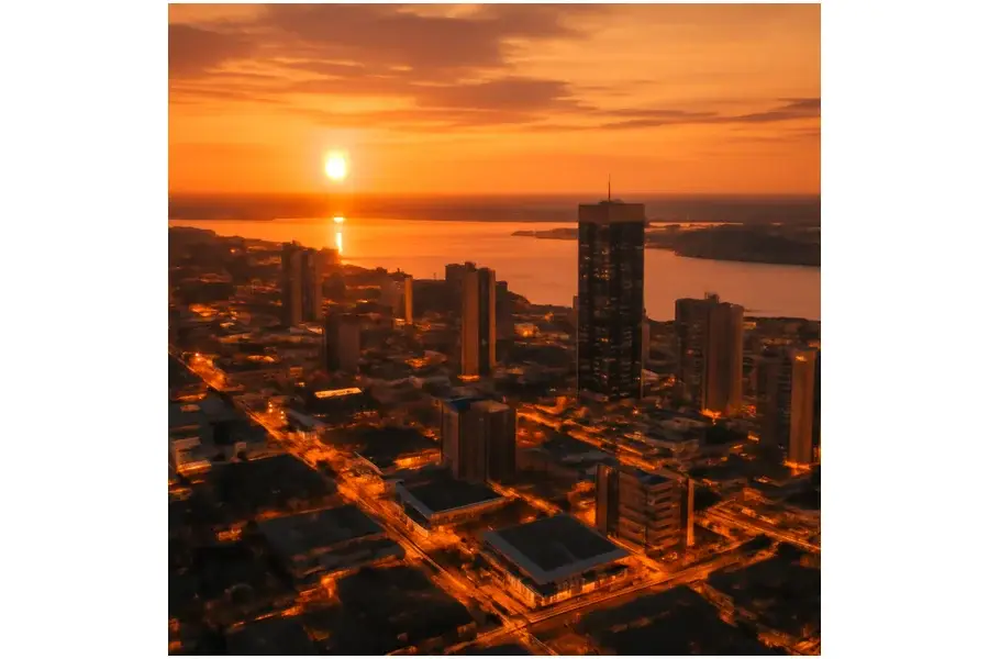 Vista aérea de Manaus ao entardecer, polo regional conectado