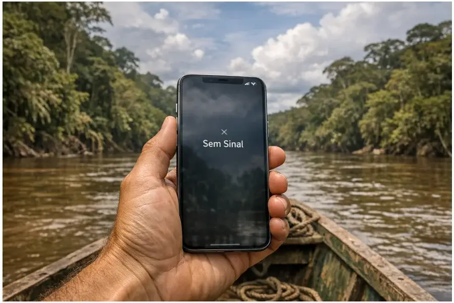 Smartphone moderno em mão de pessoa dentro de barco no rio Amazonas, floresta densa ao fundo, sem torres visíveis.