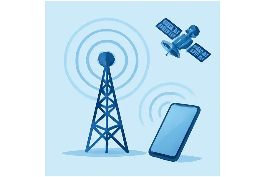 Torre de telecomunicações conectando satélite e smartphone