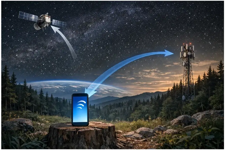 Satélite de órbita baixa enviando sinal para um smartphone em clareira amazônica, torre de celular distante.