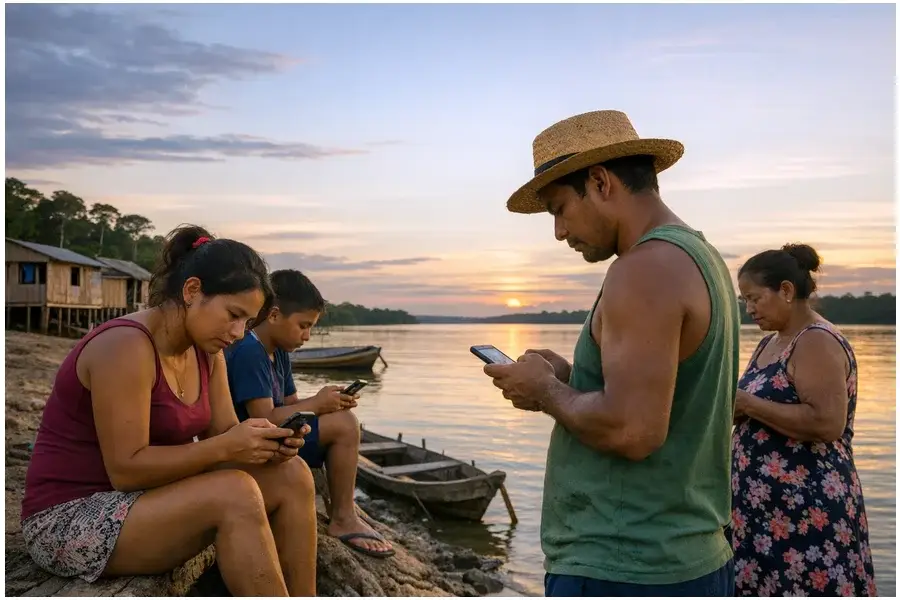 Moradores de comunidade ribeirinha amazônica usando smartphones próximos ao rio, céu aberto ao fundo.