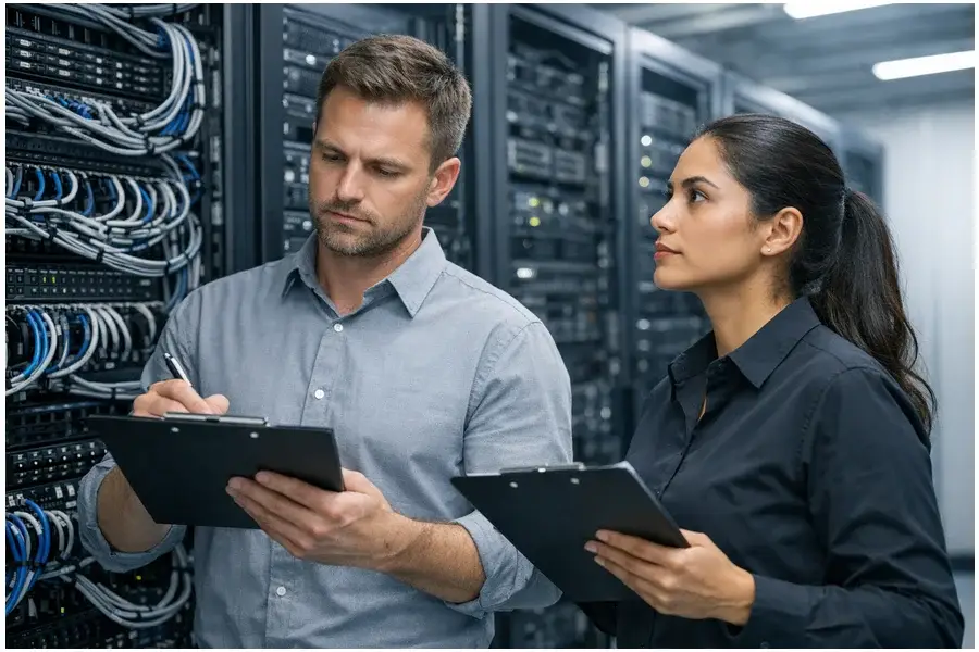 Profissionais inspecionando equipamentos de rede em um datacenter