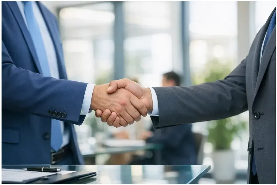 Aperto de mãos corporativo selando um acordo de confiança