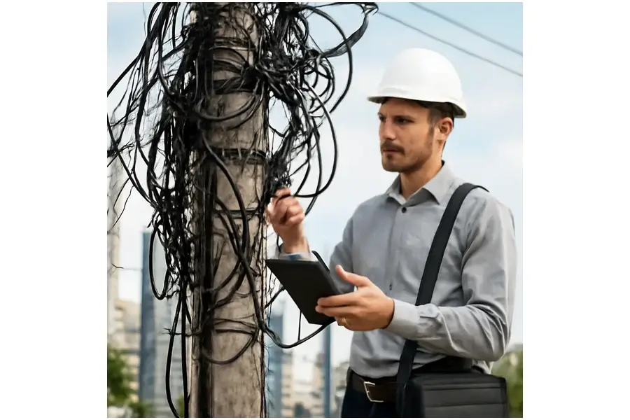 Técnico especializado identificando cabos em um poste urbano com emaranhado de fios.
