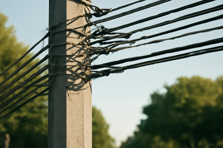 Cabos de telecomunicações ancorados e alinhados em um poste urbano de concreto.