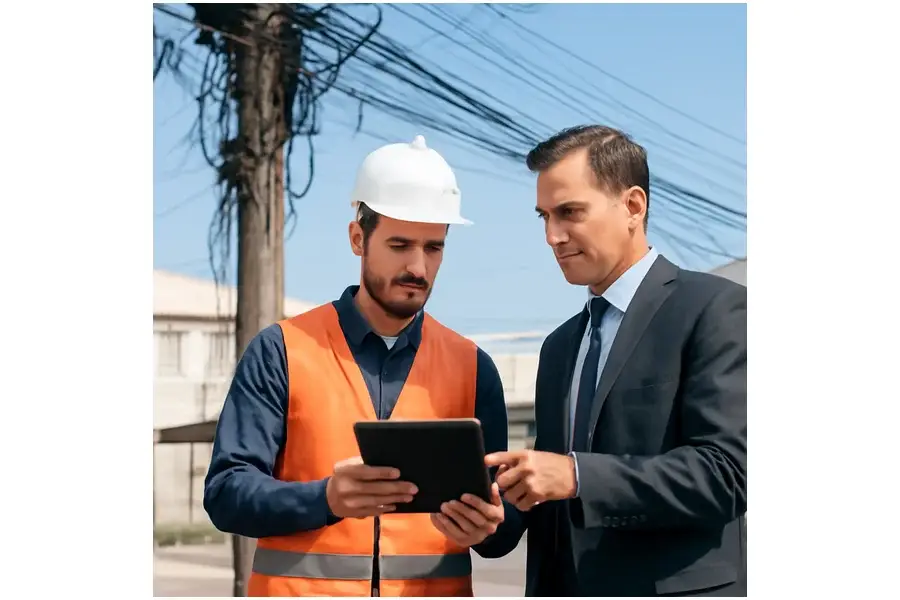 Técnico e representante público avaliando infraestrutura de postes urbanos com muitos cabos.